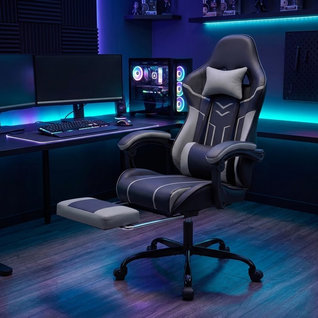 Ergonomic Gaming Chair with Footrest – Black & Gray
