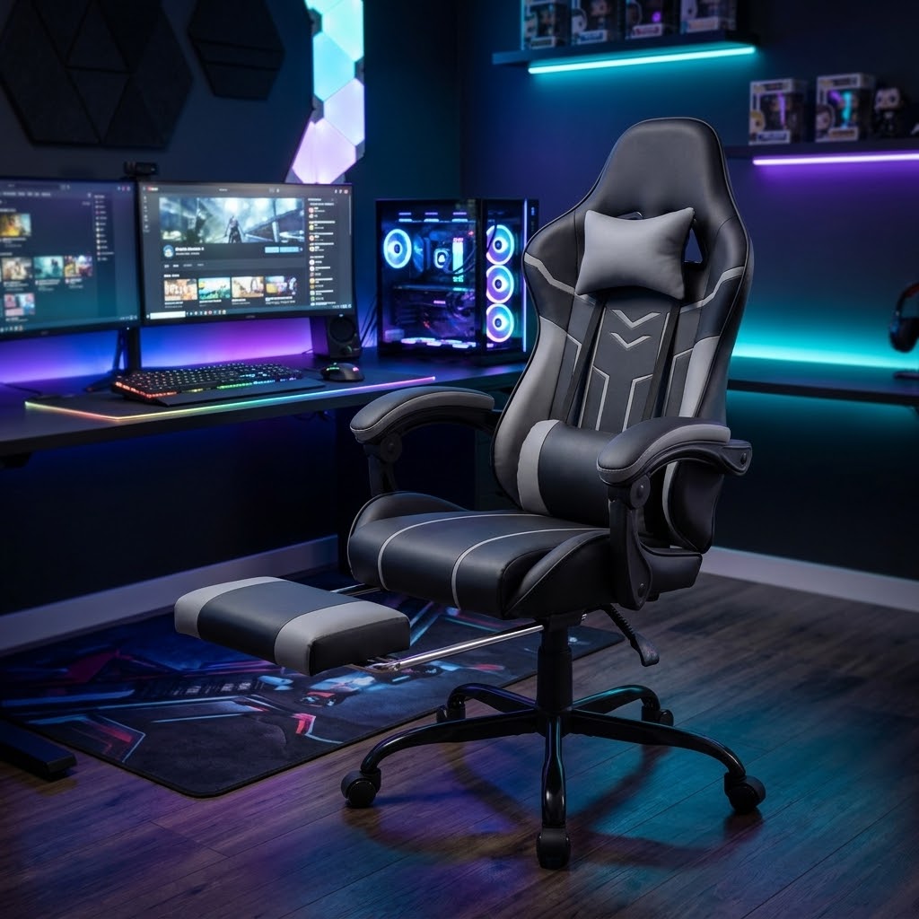 Ergonomic Gaming Chair with Footrest – Black & Gray