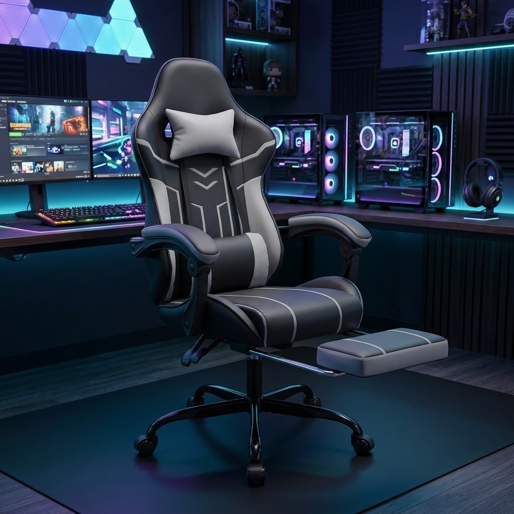 Ergonomic Gaming Chair with Footrest – Black & Gray