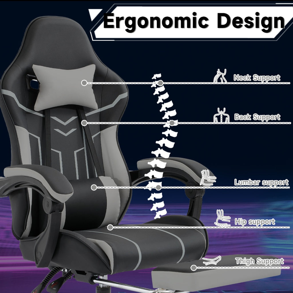 Ergonomic Gaming Chair with Footrest – Black & Gray