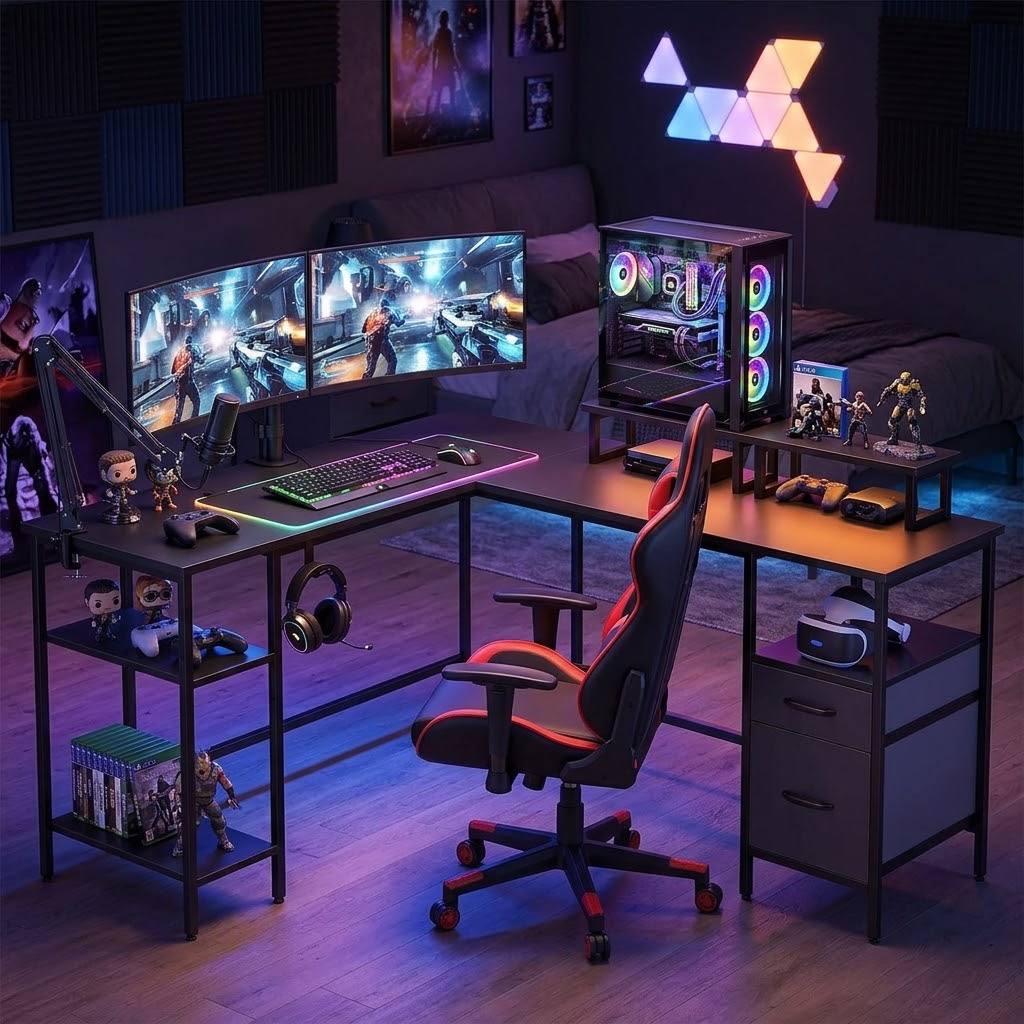 L-Shaped Corner Desk With Charging Station, Reversible Monitor Stand & Foldable Fabric Drawers, 4-Position Adjustable Shelf Computer Desk For Home Office Gaming