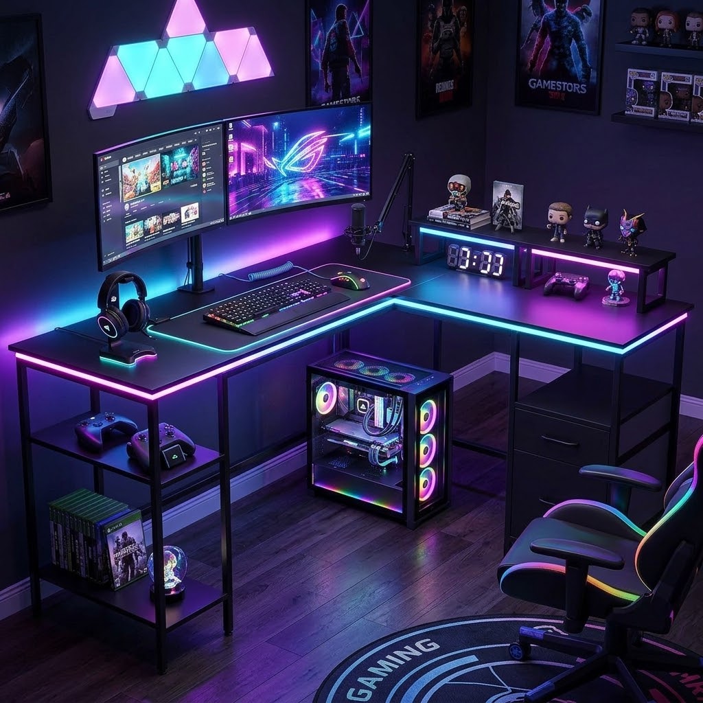 L-Shaped Corner Desk With Charging Station, Reversible Monitor Stand & Foldable Fabric Drawers, 4-Position Adjustable Shelf Computer Desk For Home Office Gaming
